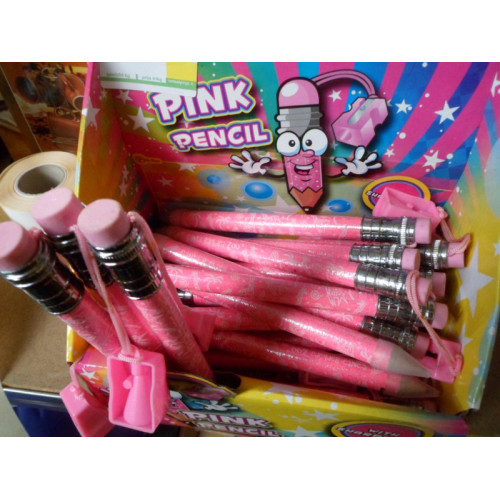 24x Roze potlood dik met gum & puntenslijper B-keus