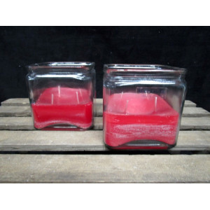 Rode kaars in helder glas accu bak, 12x12x12 cm., 2 stuks