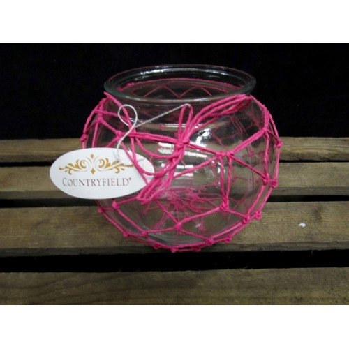 Countryfield glas bol windlicht met pink weeftouw L, 6 stuks