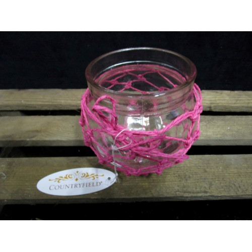 Countryfield glas bol windlicht met pink weeftouw S, 6 stuks