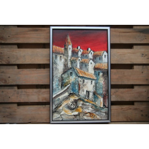 Schilderij stad met rode zonsondergang in lijst 35.5x56.5