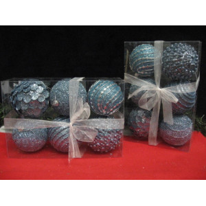 Box met 6 mooi versierde grijs blauwe kerstballen, dia 8 cm. 2 boxen