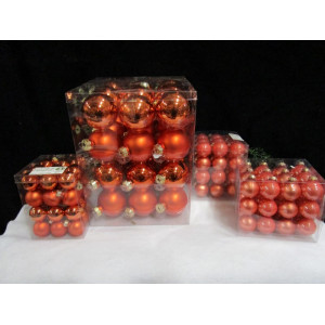 Boxen met oranje koper glas kerstballen, diverse maten, 4 boxen