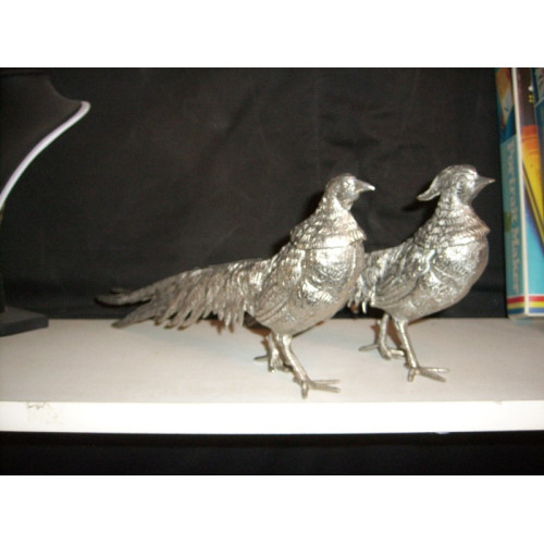 2 Zilver kleurige metalen fazanten lengte 32 cm hoogte 13 cm