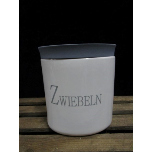 Duits Zwiebeln Uien pot wit keramiek, grijs hout deksel, 3 stuks