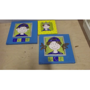 Kinderschilderijen, 3 stuks, 2 stuks 30x30 cm en 1 stuk 20 x20 cm