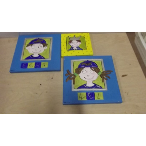 Kinderschilderijen, 3 stuks, 2 stuks 30x30 cm en 1 stuk 20 x20 cm