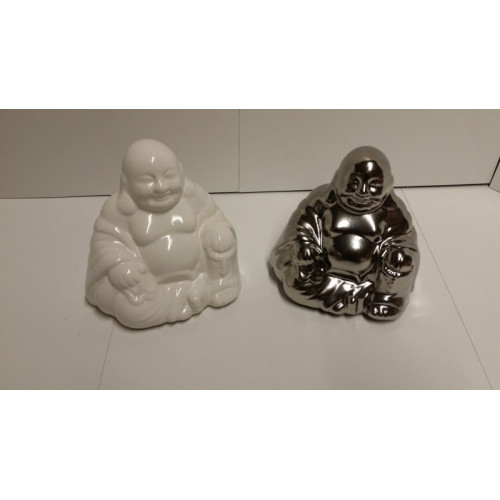 boeddha zittend 2 stuks 1x zilver en 1x wit