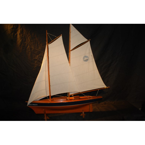 Houten Zeilschip, handgemaakt met katoenen zeilen. ca. 80x100cm