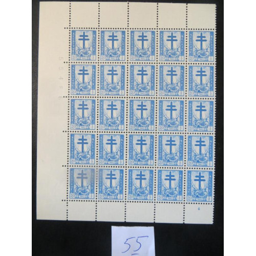 Belgische postzegel 20c + 5c vel 25 zegels 1953  ongestempeld