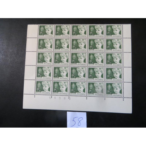 Belgische postzegel 20c + 5c vel 25 zegels 1954 ongestempeld