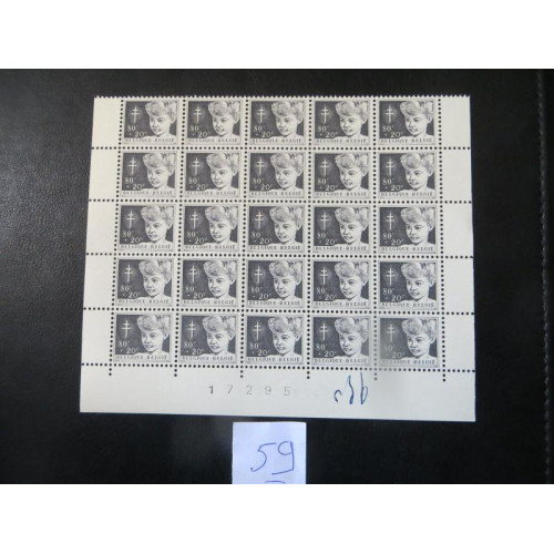 59Belgische postzegel 80c + 20c vel 25 zegels 1954 ongestempeld