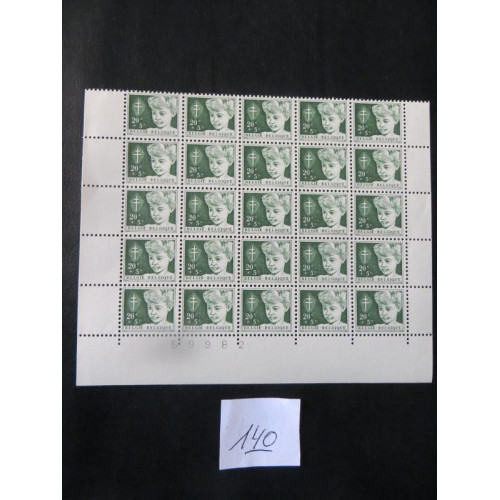 Belgische postzegel 20c + 5c vel 25 zegels 1954 ongestempeld