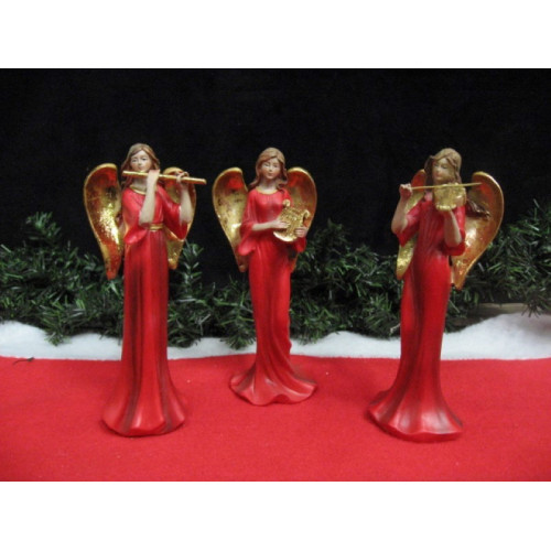 Polystone muziek engel beeldje 20cm rood-goud, 3 assortie, 3 stuks