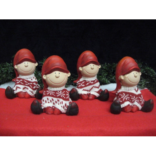 Leuk aardewerk beeldje Santa hulpje met wollen trui, 4 stuks.