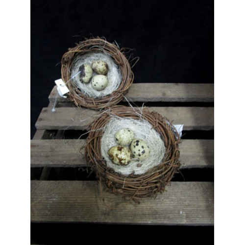 Klein wilgen tak nest met 3 echte kwartel eitjes, 12 stuks