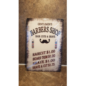 Wandbord blik barbers shop hair cuts & shave afmeting 20 x 30 cm aantal 1 stuks.