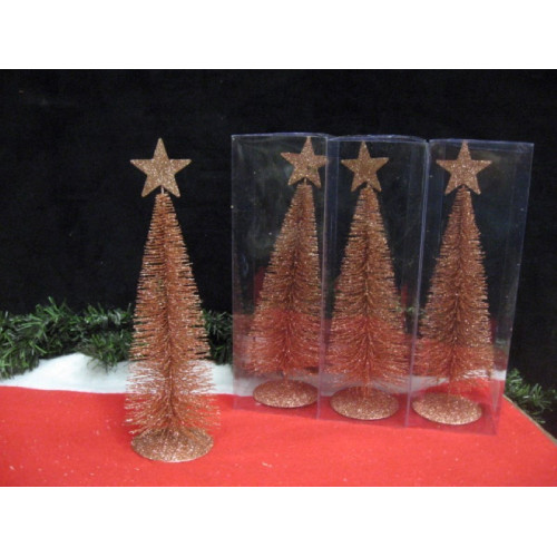Koper kleurige glitter kerstboom 26cm hoog, 4 stuks