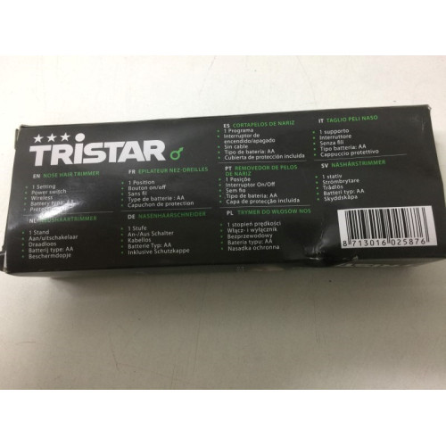 Neushaartrimmer, merk Tristar, 1 stand, Aan/uit schakelaar, draadloos, baterij type AA, beschermdopje.