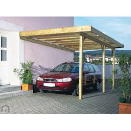 Carports/overkapingen een zijde tegen muur  geheel geïmpregneerd grenen hout, zonder dakplaten, inclusief dakbalken. Palen 9x9 cm.