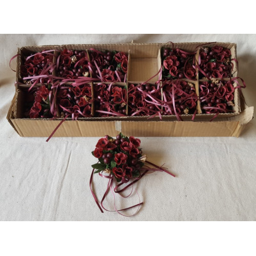 Kaarsring met zijde bloemen + besjes, 24 stuks in doos, bordeaux rood, per 2 dozen