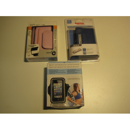 Set van drie artikelen, Nintendo DS bescherming, Sportarmband smartphone, DiSEqC-schakelaar