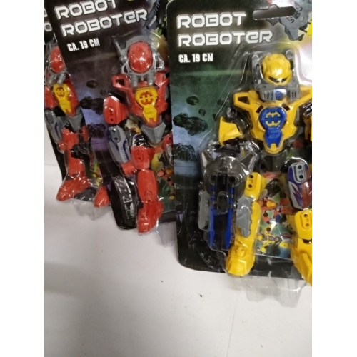Speelgoed robot op kaart 3 stuks 2x rood  1 x geel