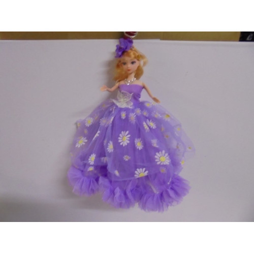 Sleutelhanger pop model met bewegende delen paars en bloem jurk 34 cm   1 stuks 