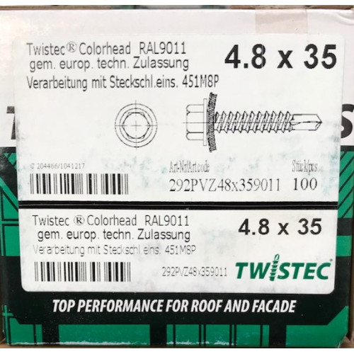Twistec Colorhead Ral 9011 voor dakplaten 4.8 x 35 - 10 doosjes