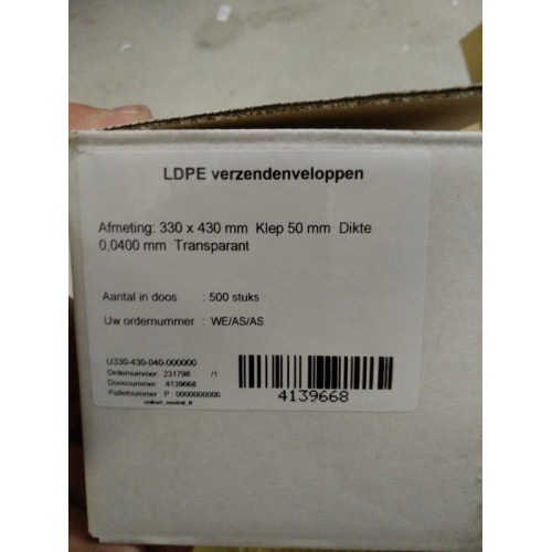 1000 stuks LDPE zakken met plakstrip 330x430 mm klep 50  is 2 doos vk AA