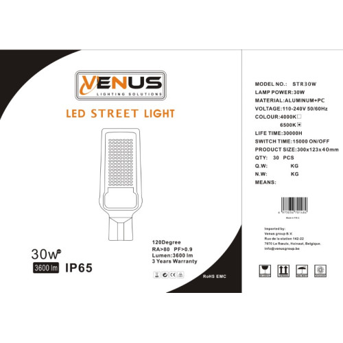 10 x Venus - 30W - Straatverlichting LED waterdicht IP65 - 6500K koud wit.