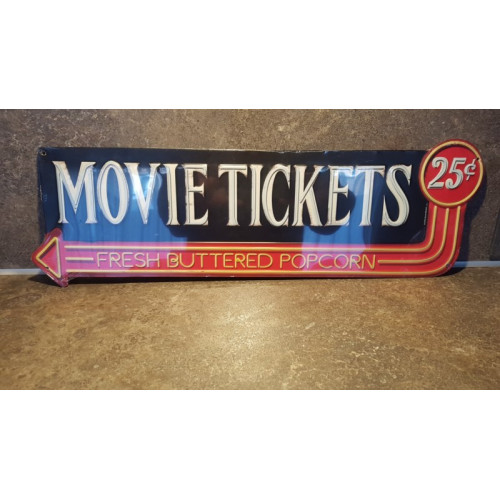 Wandbord blik movie tickets afmeting  57 x 17,5 cm aantal 1 stuks.